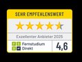 Sehr empfehlenswertes Zertifikat mit vier vollen und einem halben Stern. Auszeichnung als exzellenter Anbieter 2025 für Fernstudium Direkt mit einer Bewertung von 4,6.